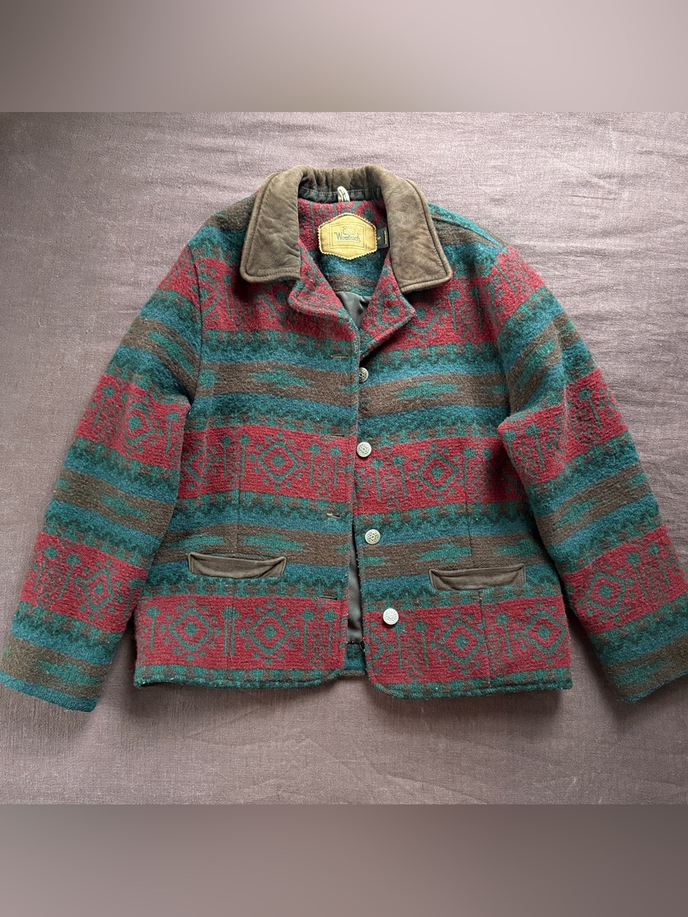 Vintage Woolrich Aztec Southwestern Wool Blend Jacket Size M Button Leather